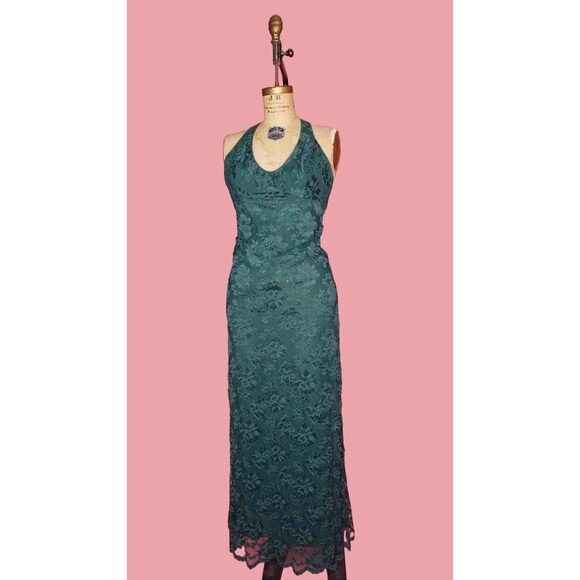 1990s JESSICA McCLINTOCK Green HALTER Criss Cross Maxi Dress W/LACE Overlay. S-M - Picture 2 of 10